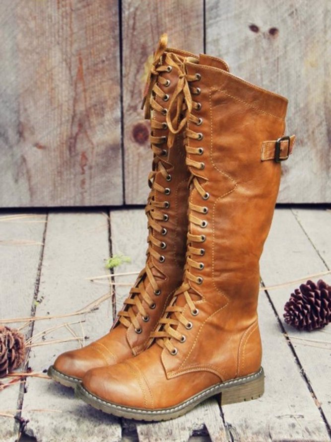 Vintage  Buckle Decor Side Zip Riding Boots