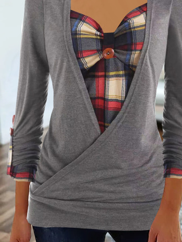 Plaid Square Neck Casual Front Crisscross Loose Top