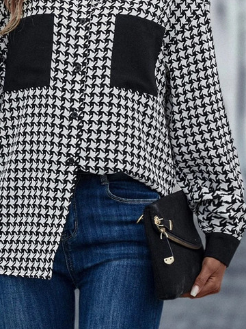 Shirt Collar Houndstooth Printed Color-block Blouse