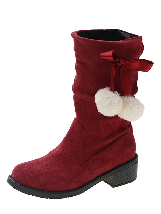 Christmas Pompom Decor Plus Size Faux Suede Slouchy Boots Xmas Boots