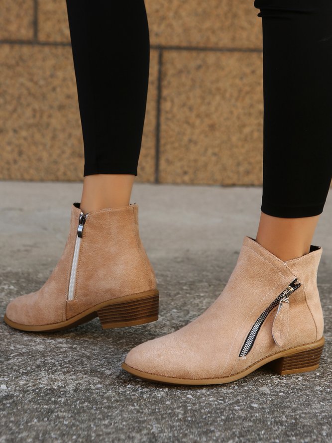 Khaki Suede Side Zipper Casual Ankle Boots