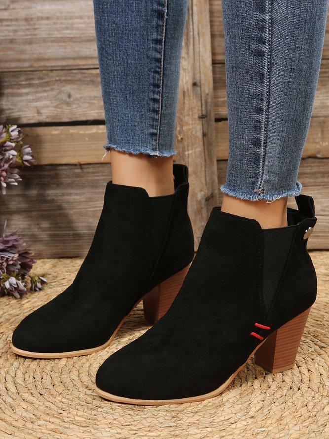 Red Stitched Black Suede Chunky Heel Chelsea Boots