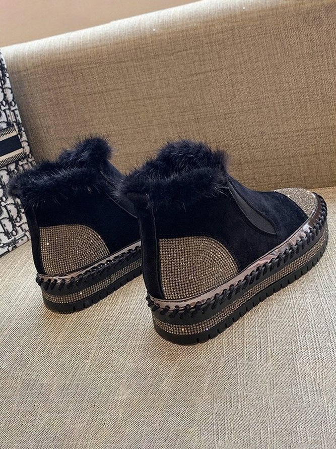 Rhinestone Split Joint Warm Fur Lined Slip on Ankle Boots