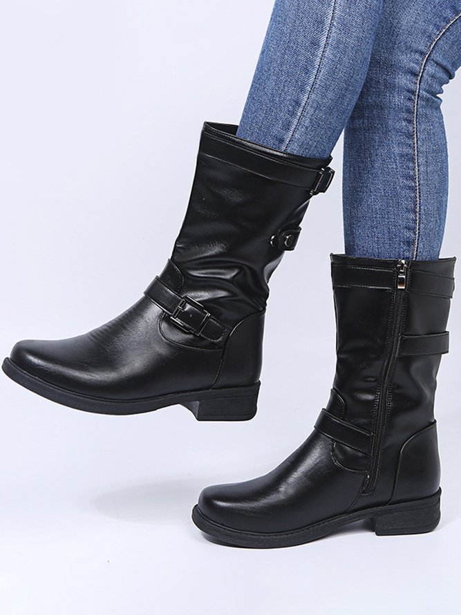 Cozy Soft Leather Buckle Zip Block Heel Riding Boots