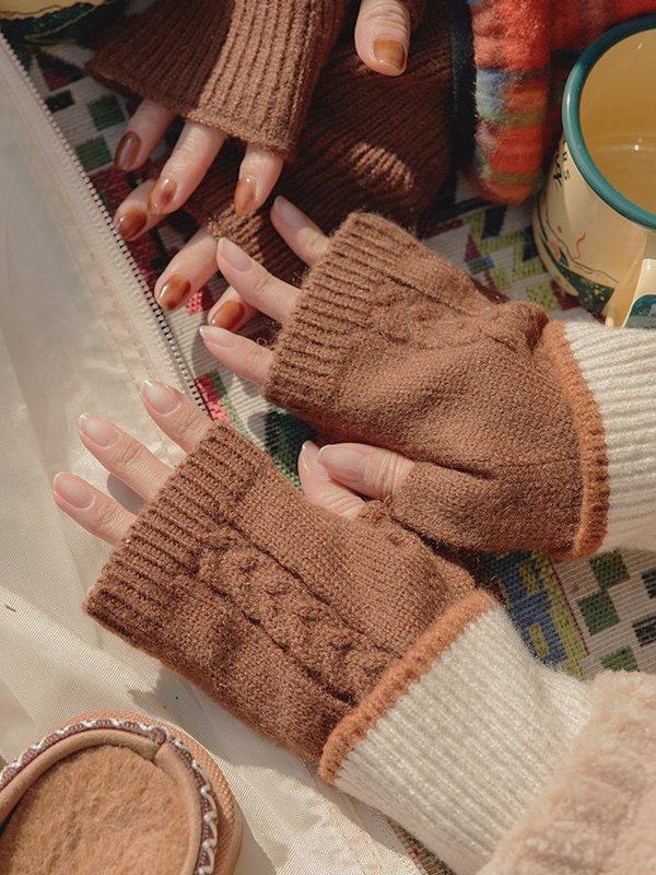 Casual Twist Pattern Thickened Half Finger Gloves Autumn Winter Warm Accessories