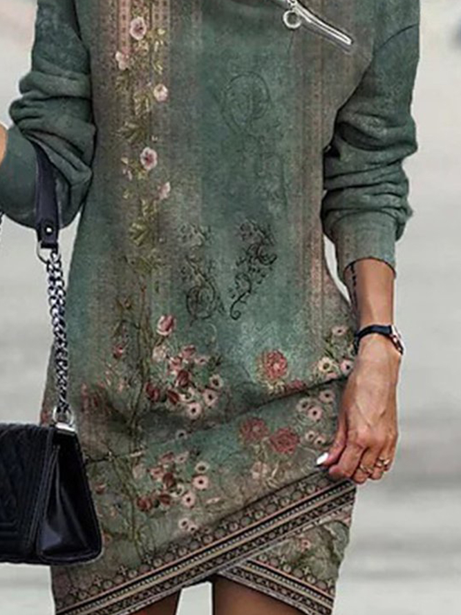 Fluff/Granular Fleece Fabric Long sleeve Casual Zipper Dress