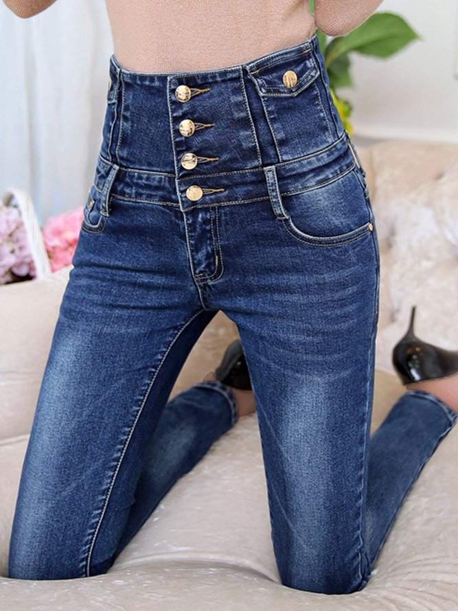 Plain Pockets Buttoned Denim Casual Fleece Jeans