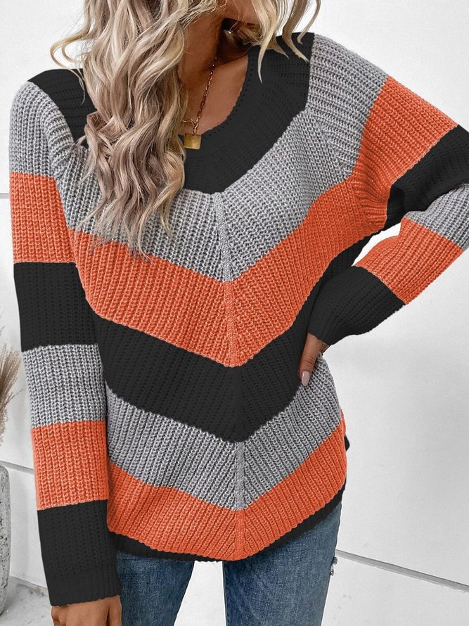 Crew Neck Casual Knitted Color Block Sweater