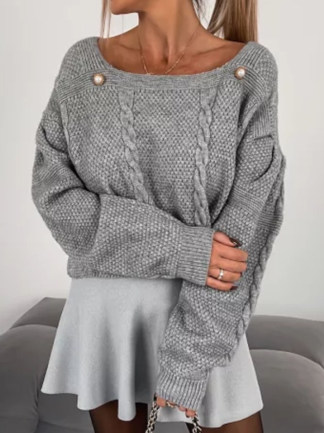 Buckle Casual Plain Yarn/Wool Yarn Crew Neck Texture Sweater