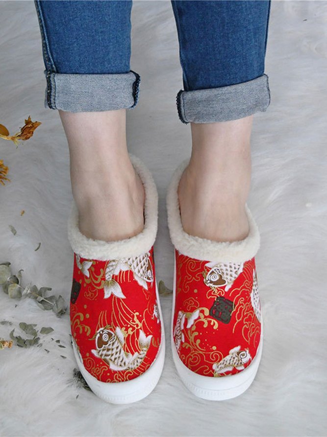 Valentine's Day Heart Printed Warm Lined Flat Mules