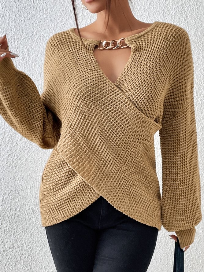 Long sleeve Cross Neck Wool/Knitting Casual Chain Sweater