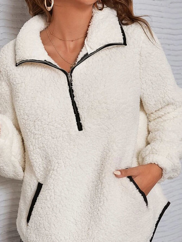 Fluff/Granular Fleece Fabric Loose Zipper Casual Color Block Sweatshirt