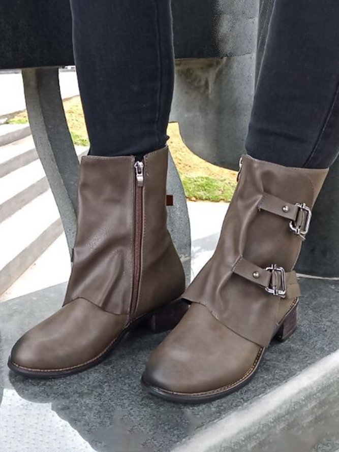 Western Style Retro Buckle Casual Mid Rise Boots