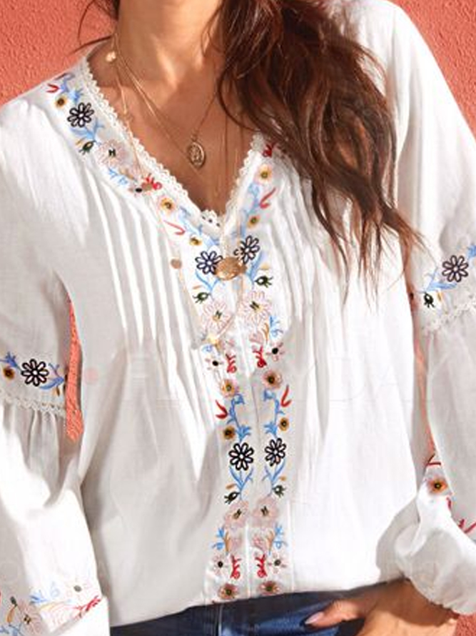 Vacation Cotton Embroidery V Neck Top