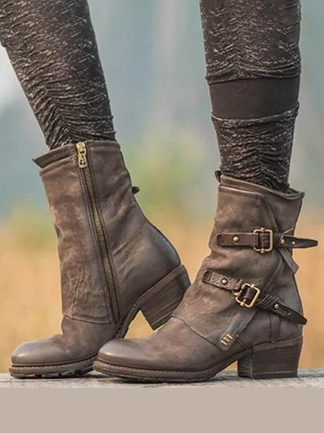 Western Style Retro Buckle Casual Mid Rise Boots