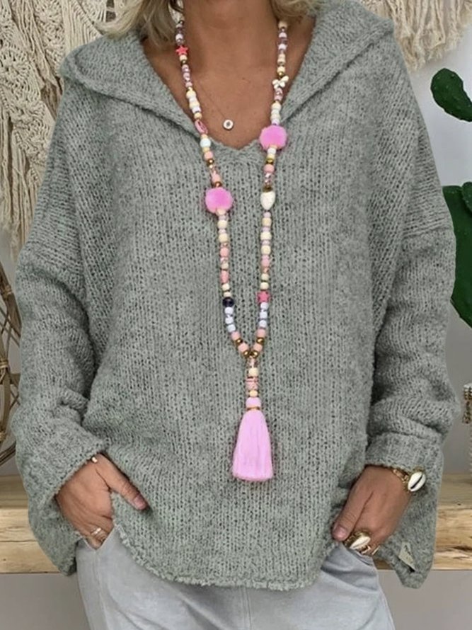 Casual Solid Shift Knitted Hoodie Sweater