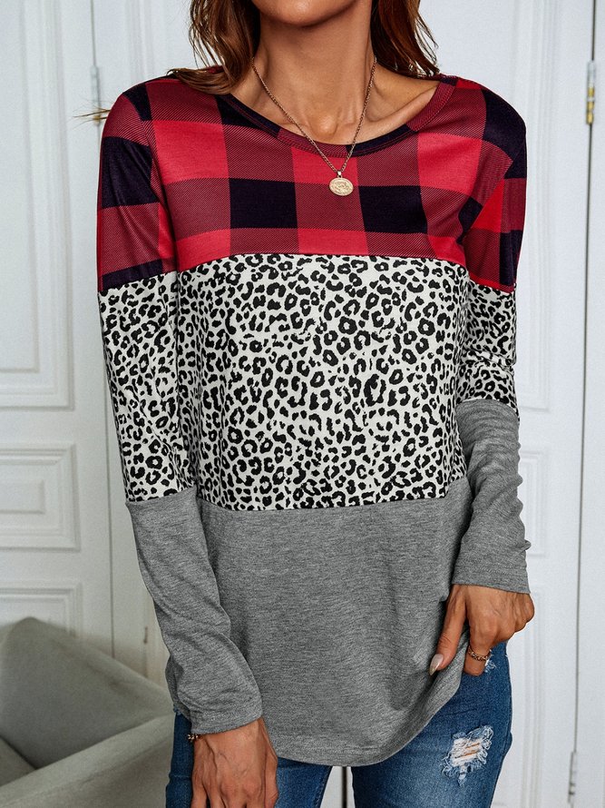 Plaid Leopard Casual Long sleeve Crew Neck Loose T-Shirt TUNIC
