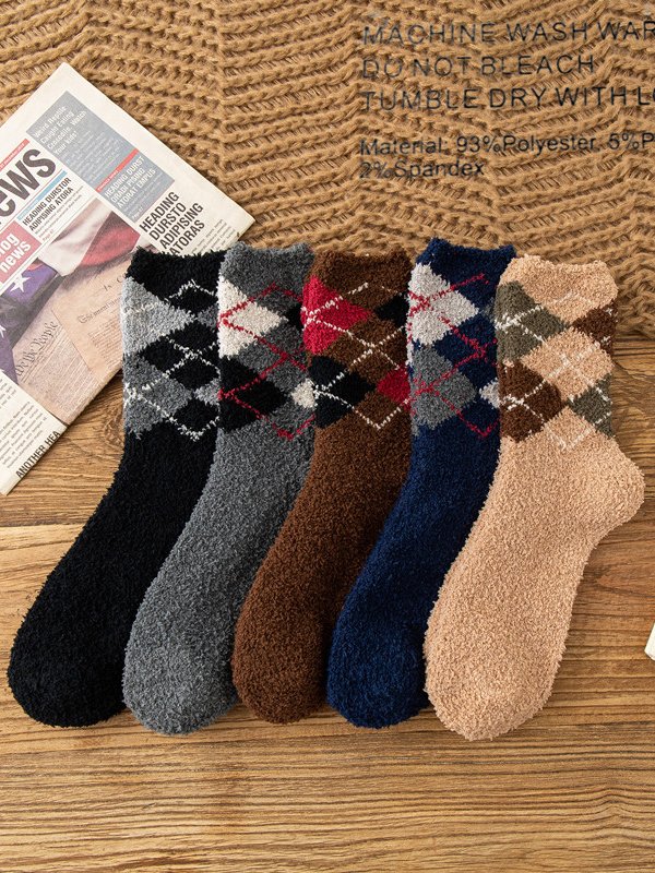 Casual Home Check Stripe Pattern Coral Fleece Socks Daily Commute Accessories