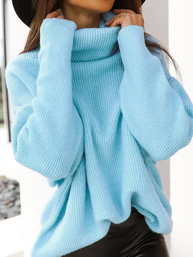 Blue Turtleneck Plain Yarn/Wool Yarn Sweater