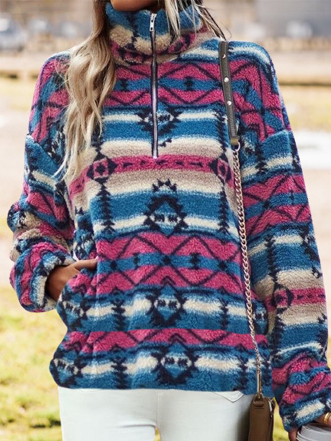 Ethnic Long Sleeve Zipper Turtleneck Fluff Sweatshirt