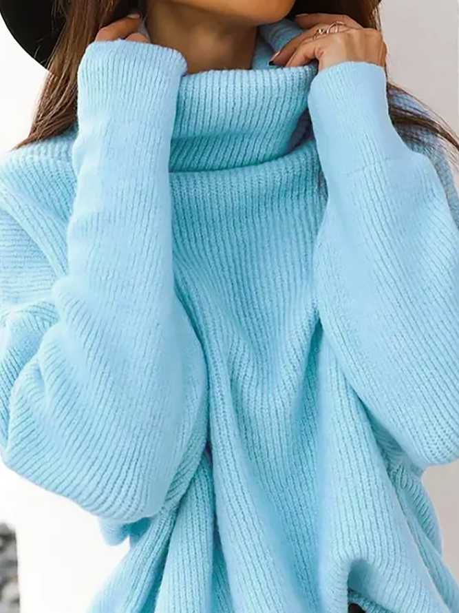 Blue Turtleneck Plain Yarn/Wool Yarn Sweater