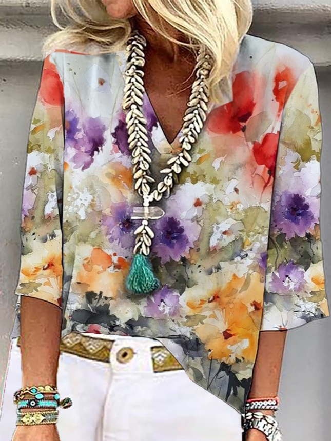 Plus Size Casual Floral Loose V Neck Three Quarter Top