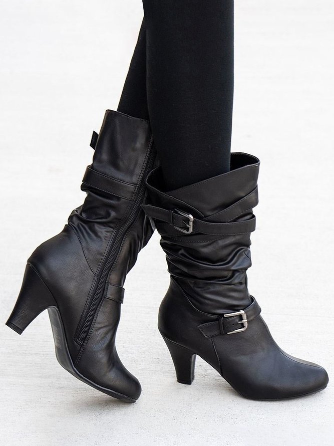 Casual Ruched Buckle Chunky Heel Boots