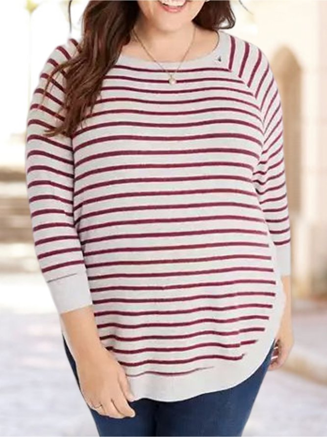 Plus Size Crew Neck Regular Fit Casual Striped Top