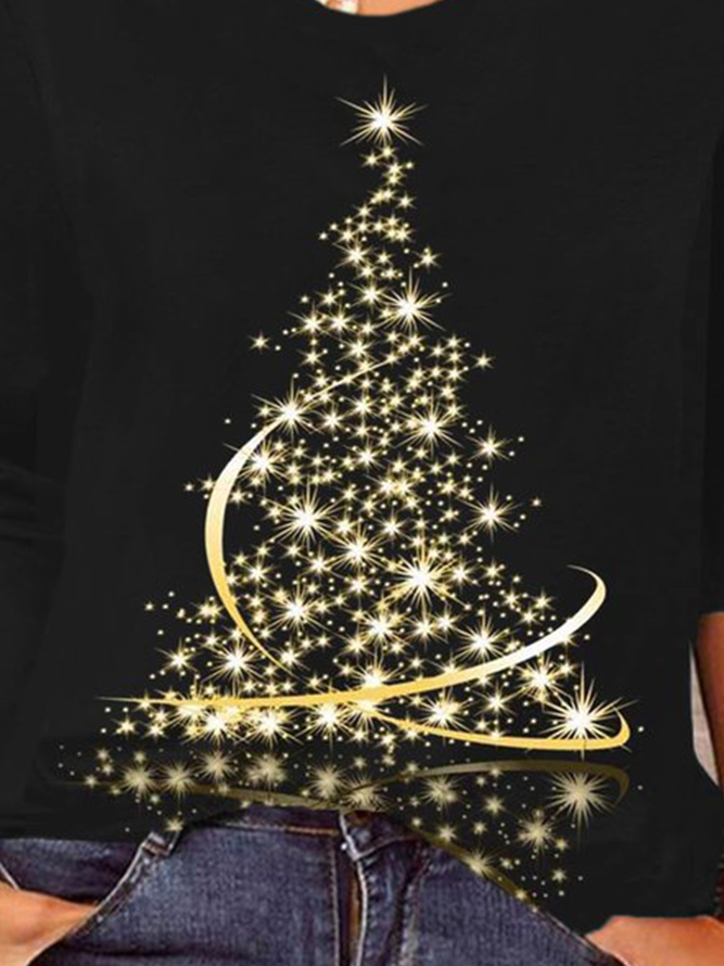 Plus Size Casual Christmas Trees Long Sleeve Crew Neck Printed Top T-Shirt Xmas T-shirt