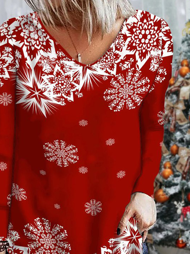 Plus Size Christmas Snowflake Long Sleeve V Neck Casual T-Shirt Xmas T-shirt