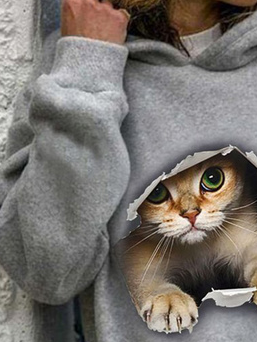 Plus Size Hoodie Cat Printed Casual Plush Sweatshirt