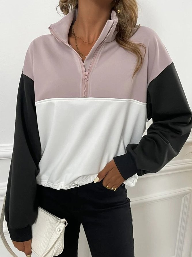 Color Block Long Sleeve Zipper Casual Sweatshirt