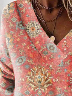 Plus Size V Neck Printed Casual Sweatshirt