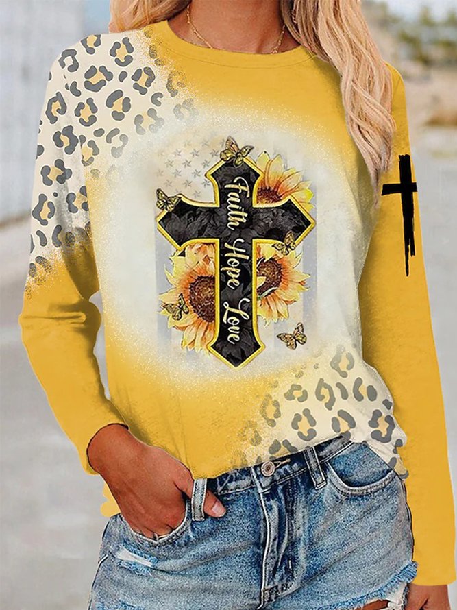 Sunflower Leopard Long Sleeve Crew Neck Casual T-Shirt