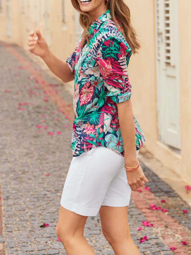 Floral Shirt Collar Vacation Blouse