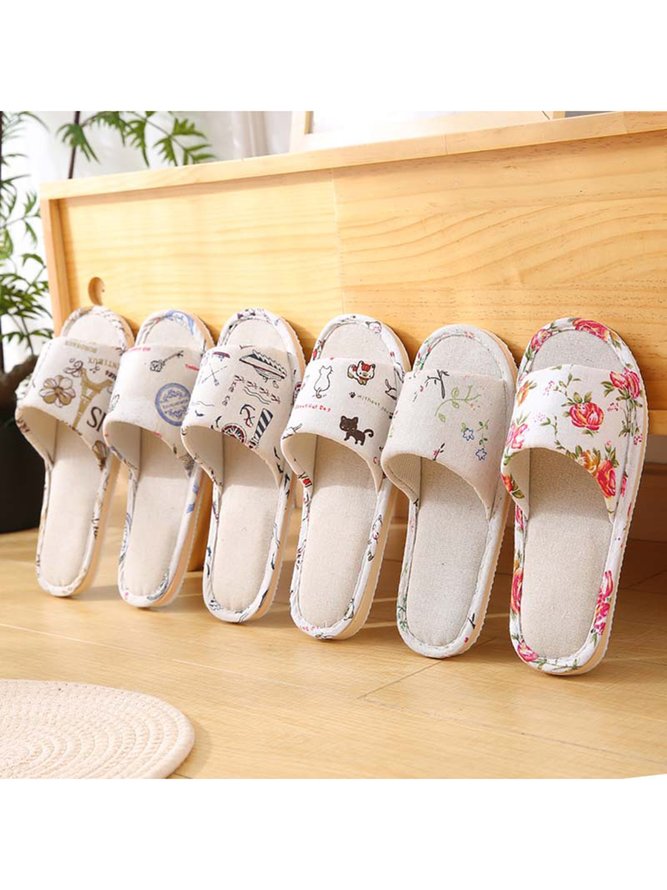 Rose Cat Alphabet Sailboat Print Indoor Non-slip Linen Slippers