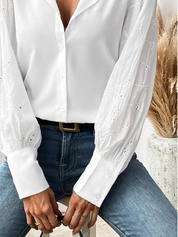 Casual Plain Patchwork Embroidery  Loose Blouse