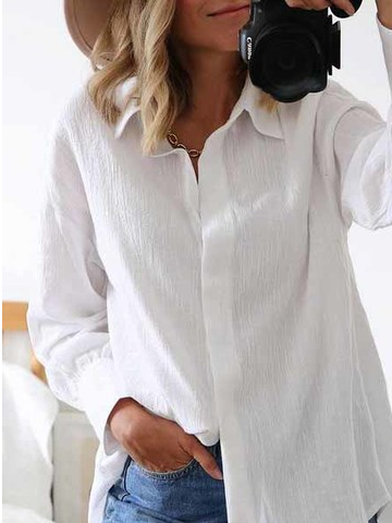Shirt Collar Cotton Linen Plain Blouse