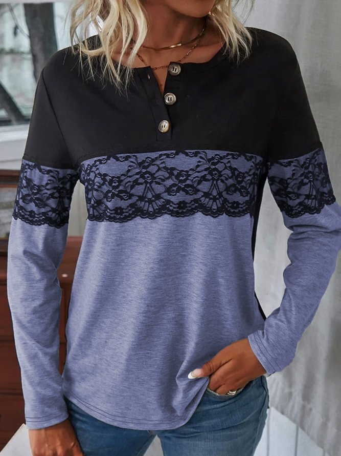 Casual Lace Long Sleeve V Neck T-shirt