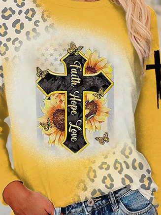 Sunflower Leopard Long Sleeve Crew Neck Casual T-Shirt