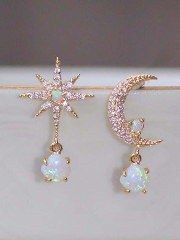 Vintage Diamond Star Moon Shaped Opal Moonstone Earrings Beach Vacation Wind Ethnic Jewelry