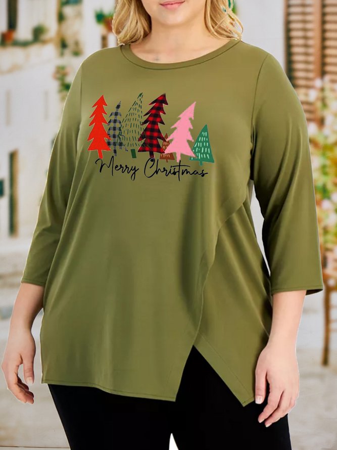 Plus Size Jersey Christmas Tree Casual Regular Fit Top Xmas Top