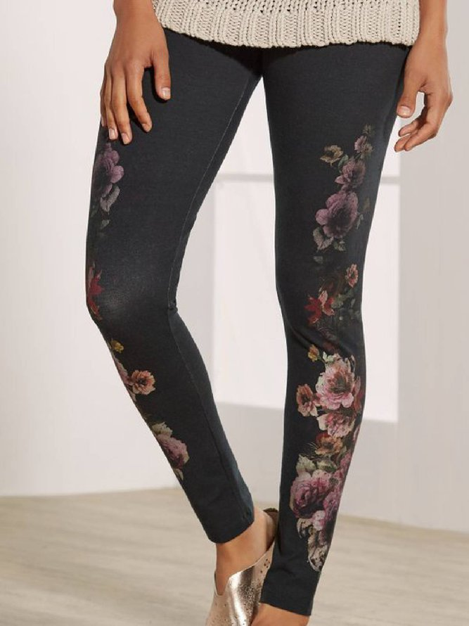 Plus Size Casual Floral Jersey Leggings