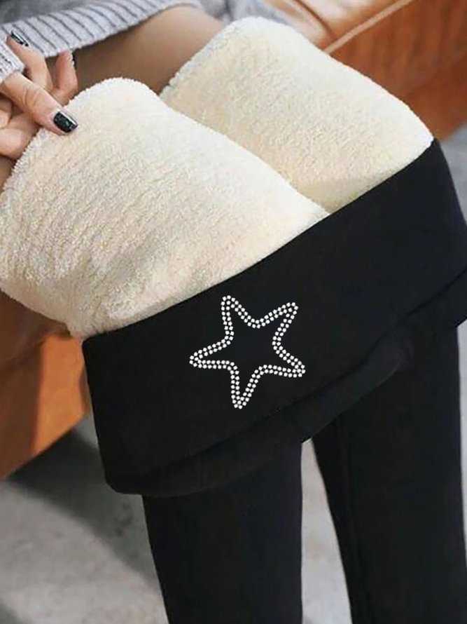 Regular Fit Fluff/Granular Fleece Fabric Star Casual Leggings