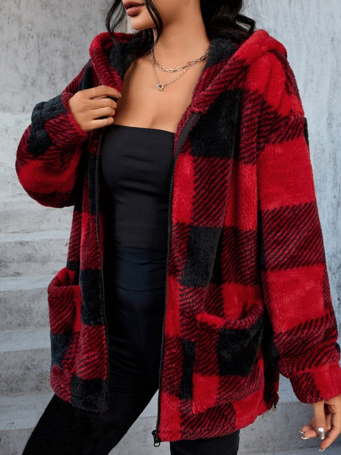 Casual Plaid Long sleeve Hoodie Teddy Jacket