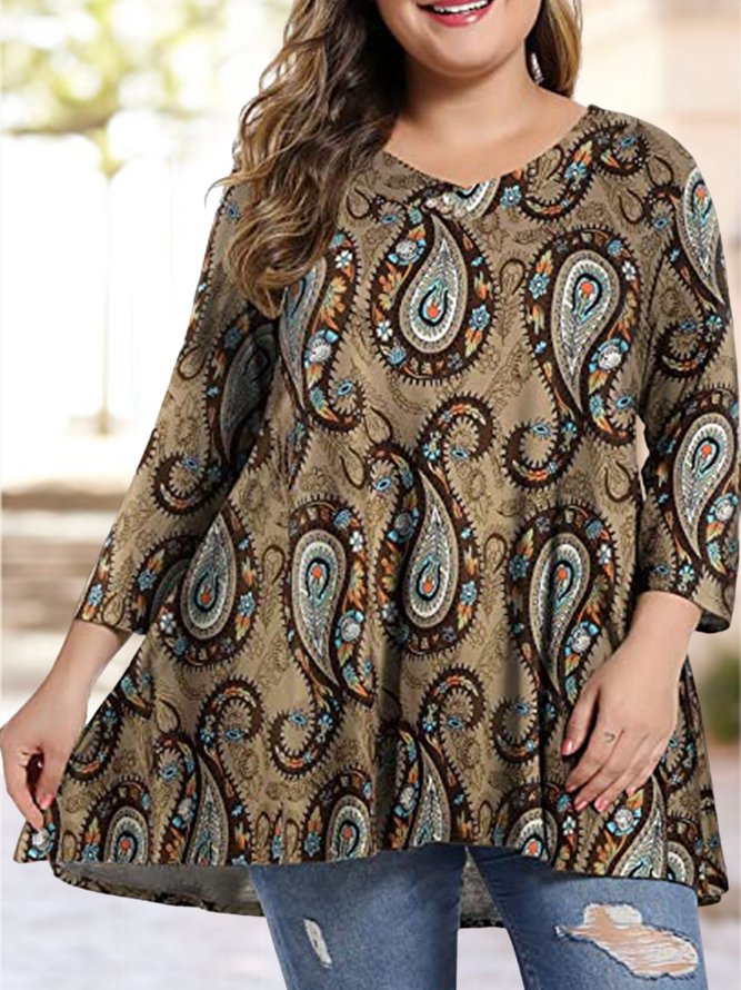 Plus Size Paisley Loose Sweetheart Neckline Casual Top