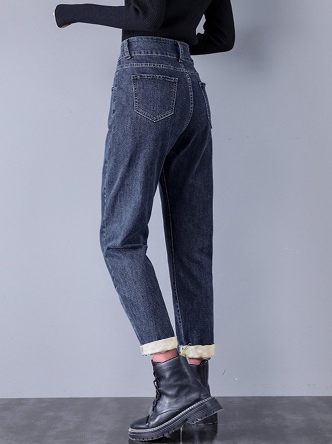 Denim Plain Pockets Buckle Casual Fleece Jeans