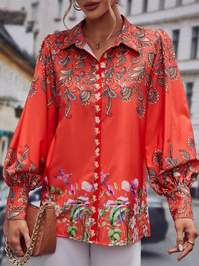 Long sleeve Vacation Shirt Collar Red Floral Blouse TUNIC