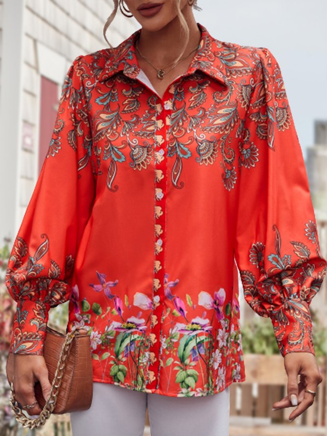Long sleeve Vacation Shirt Collar Red Floral Blouse TUNIC