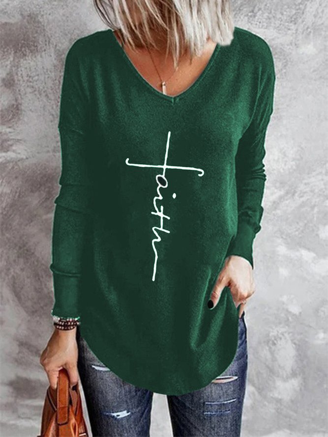 Vintage Faith Letter Printed Long Sleeve V Neck Casual Top